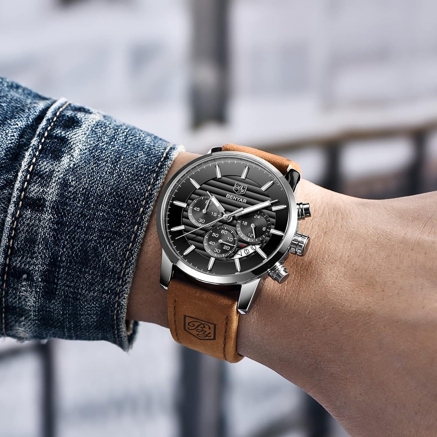 BENYAR Quartz Chronograph Waterproof Watches Business and Sport Design Leather Band Strap Wrist Watch for Men