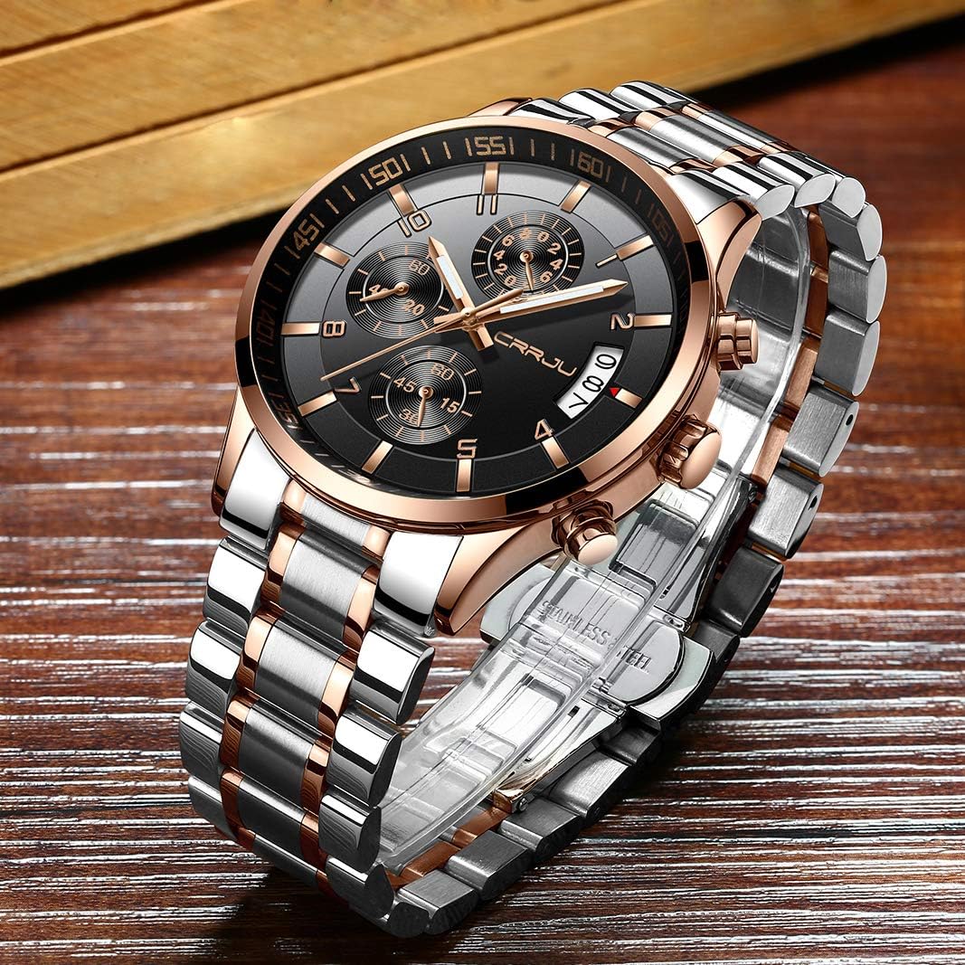 CRRJU Men's Fashion Stainless Steel Watches Date Waterproof Chronograph Wristwatches,Stainsteel Steel Band Waterproof Watch