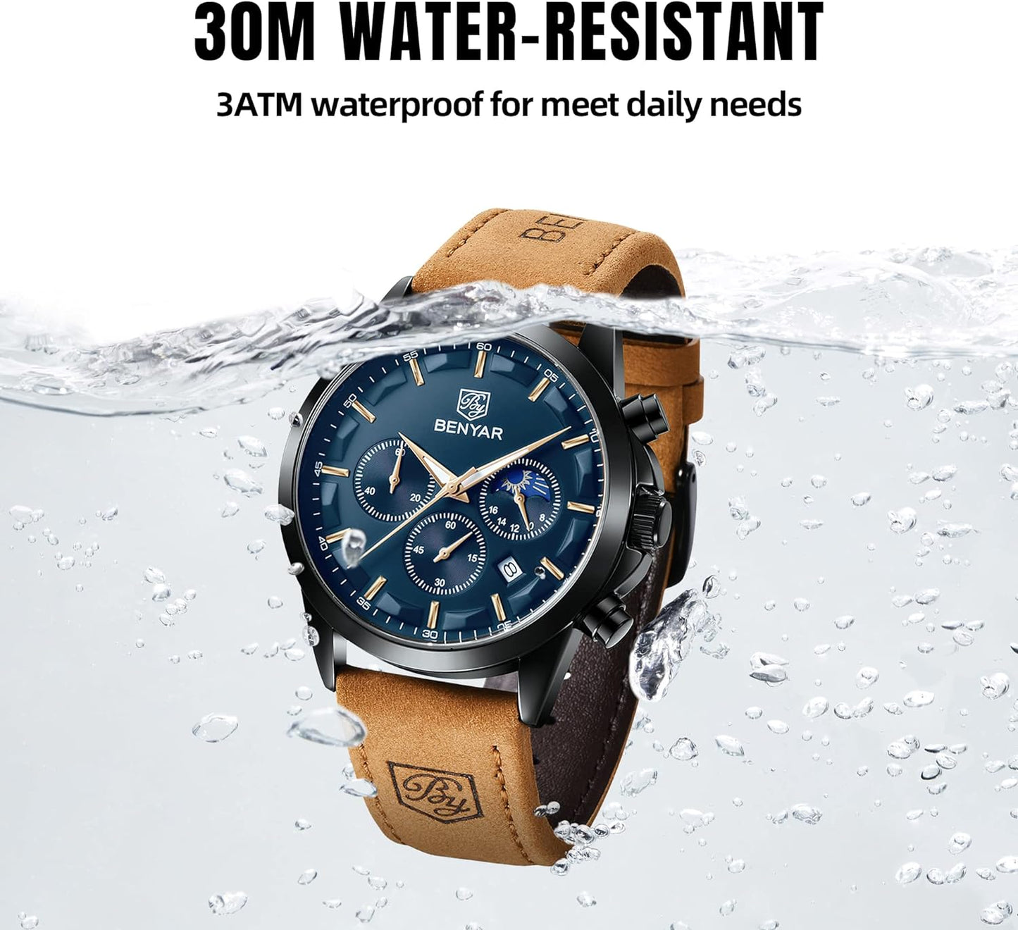 BY BENYAR Men's Watches Waterproof Sport Military Watch for Men Multifunction Chronograph Black Fashion Quartz Wristwatches Calendar with Leather Strap/Stainless Steel
