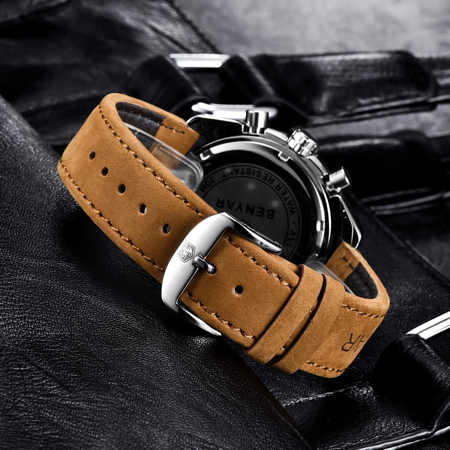 BENYAR Quartz Chronograph Waterproof Watches Business and Sport Design Leather Band Strap Wrist Watch for Men
