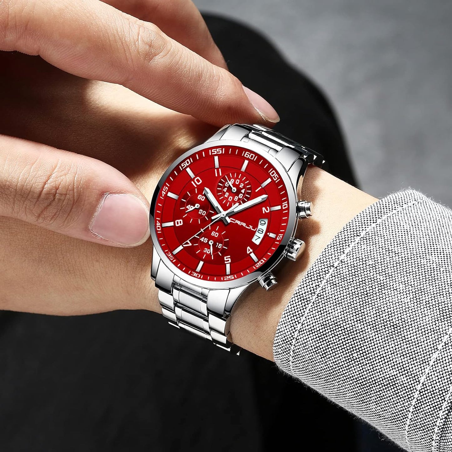 CRRJU Men's Fashion Stainless Steel Watches Date Waterproof Chronograph Wristwatches,Stainsteel Steel Band Waterproof Watch