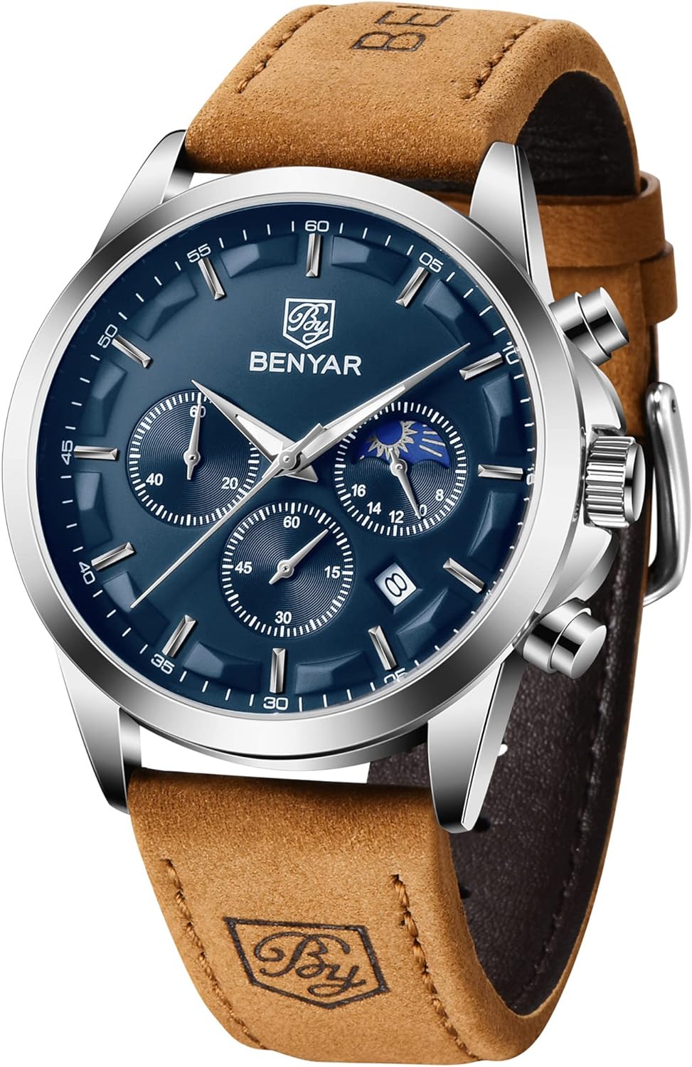 BY BENYAR Men's Watches Waterproof Sport Military Watch for Men Multifunction Chronograph Black Fashion Quartz Wristwatches Calendar with Leather Strap/Stainless Steel