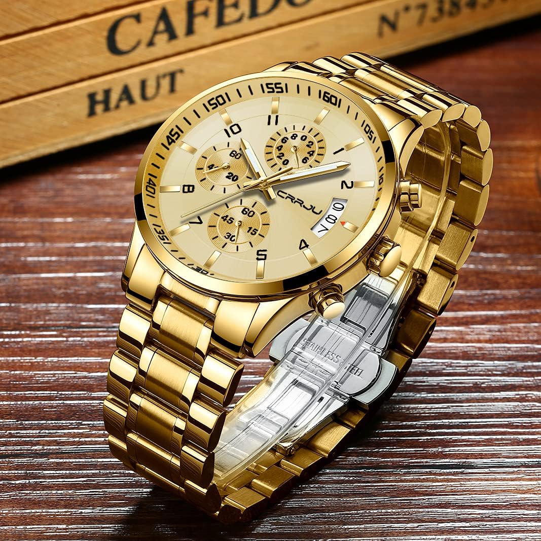 CRRJU Men's Fashion Stainless Steel Watches Date Waterproof Chronograph Wristwatches,Stainsteel Steel Band Waterproof Watch
