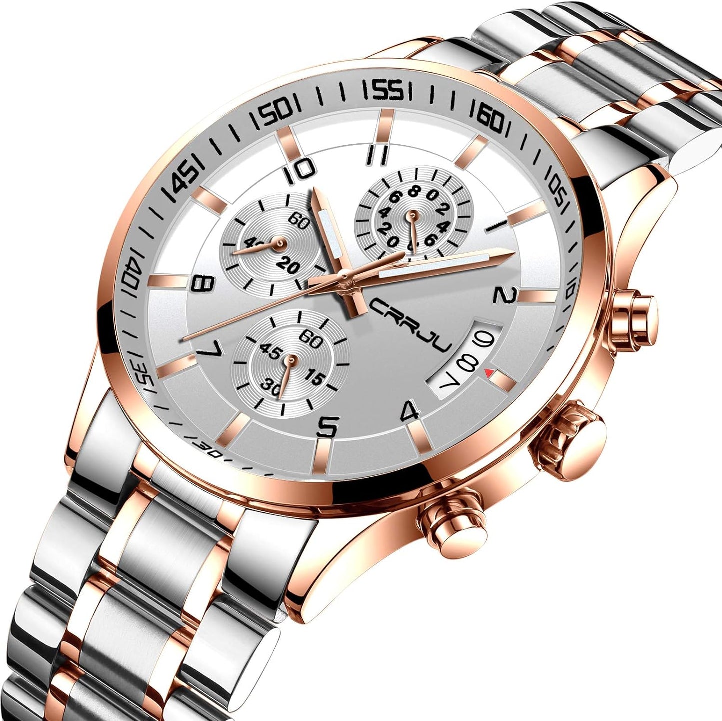 CRRJU Men's Fashion Stainless Steel Watches Date Waterproof Chronograph Wristwatches,Stainsteel Steel Band Waterproof Watch