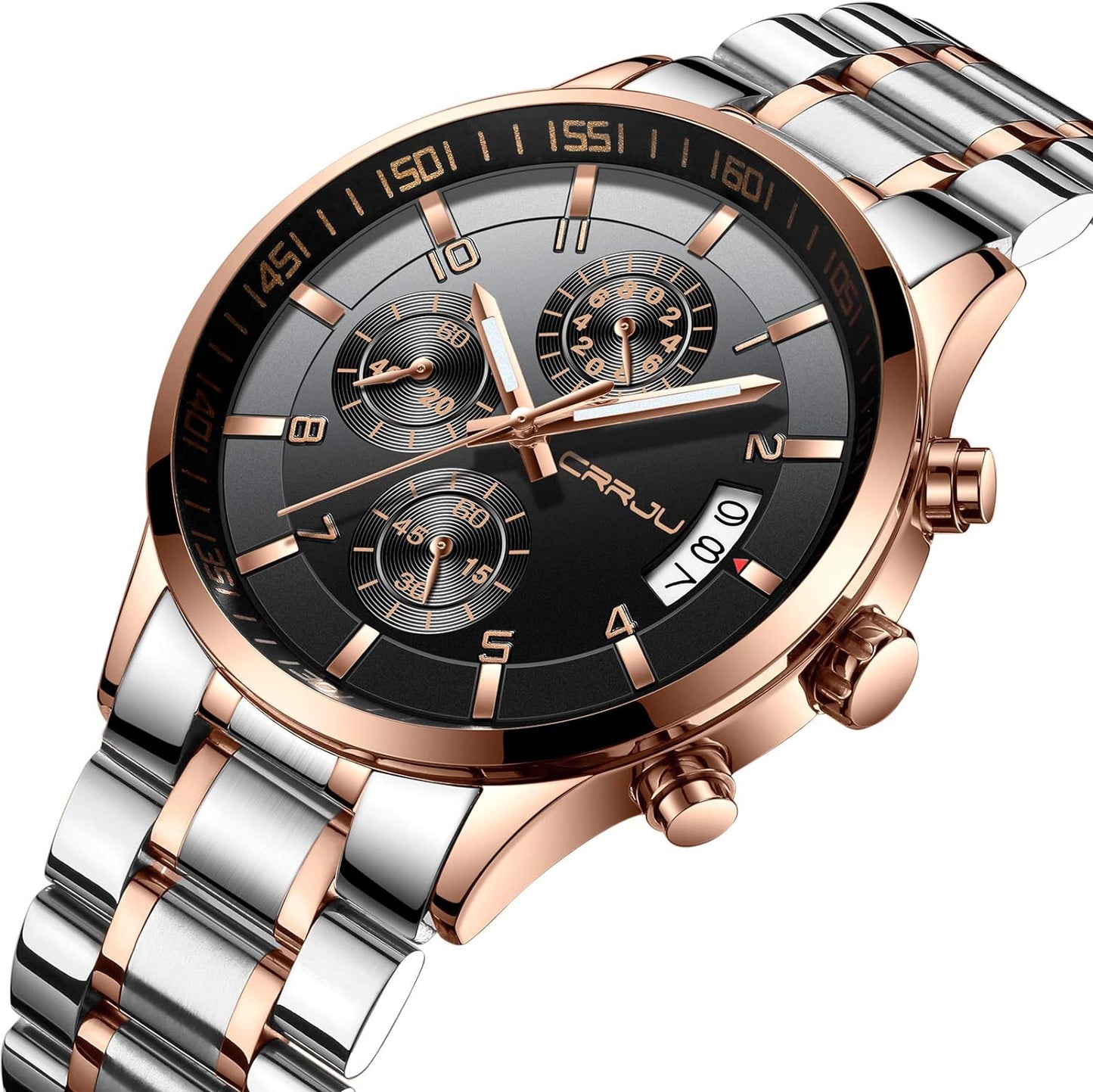 CRRJU Men's Fashion Stainless Steel Watches Date Waterproof Chronograph Wristwatches,Stainsteel Steel Band Waterproof Watch