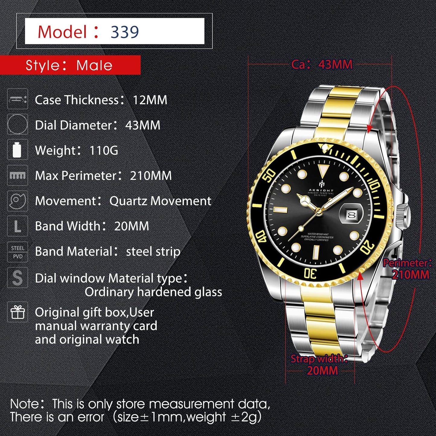 BY BENYAR AKNIGHT Watches for Men Quartz Movement Watch,Waterproof Luminous Men's Watch, Stainless Steel Strap Business Watches