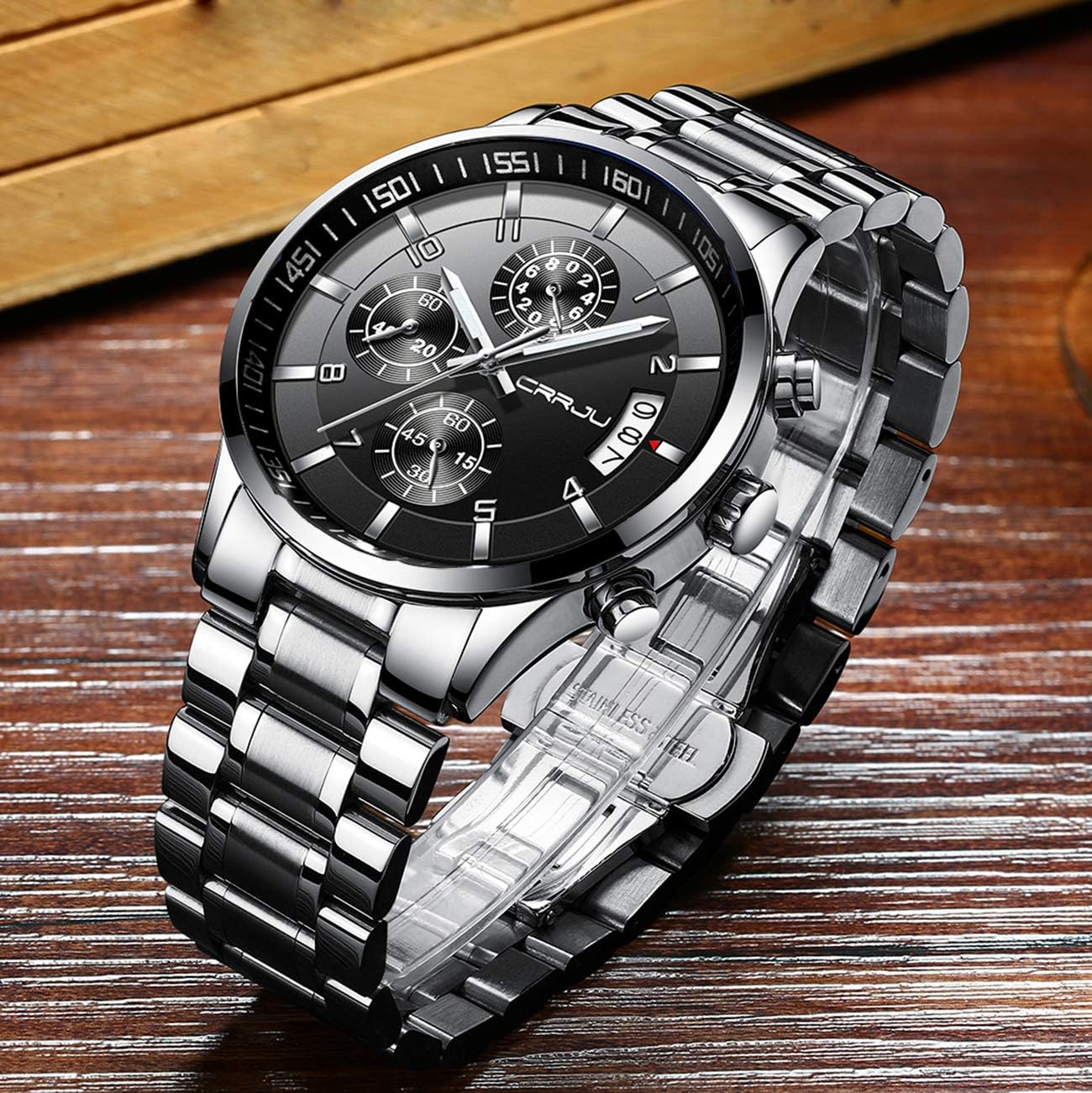 CRRJU Men's Fashion Stainless Steel Watches Date Waterproof Chronograph Wristwatches,Stainsteel Steel Band Waterproof Watch