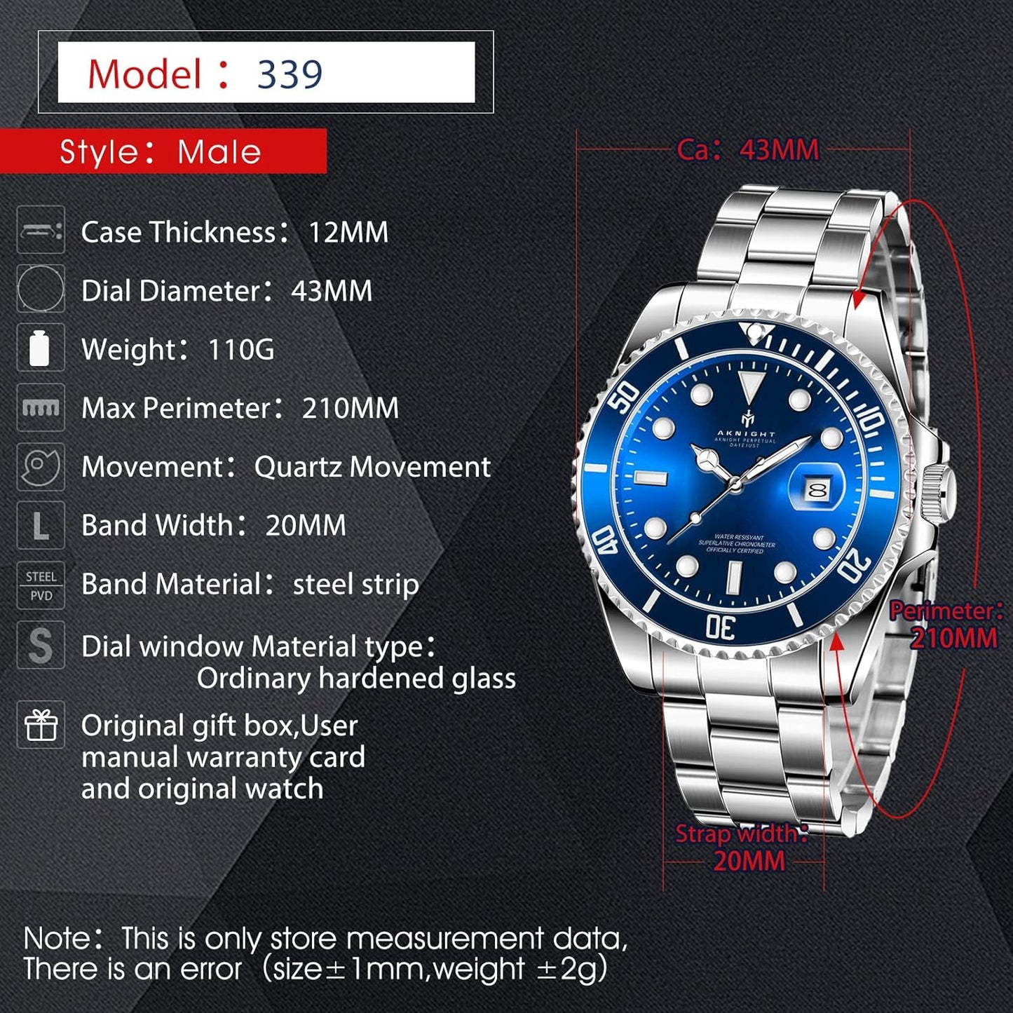 BY BENYAR AKNIGHT Watches for Men Quartz Movement Watch,Waterproof Luminous Men's Watch, Stainless Steel Strap Business Watches