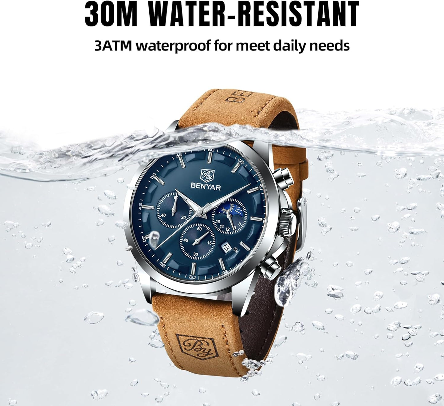 BY BENYAR Men's Watches Waterproof Sport Military Watch for Men Multifunction Chronograph Black Fashion Quartz Wristwatches Calendar with Leather Strap/Stainless Steel