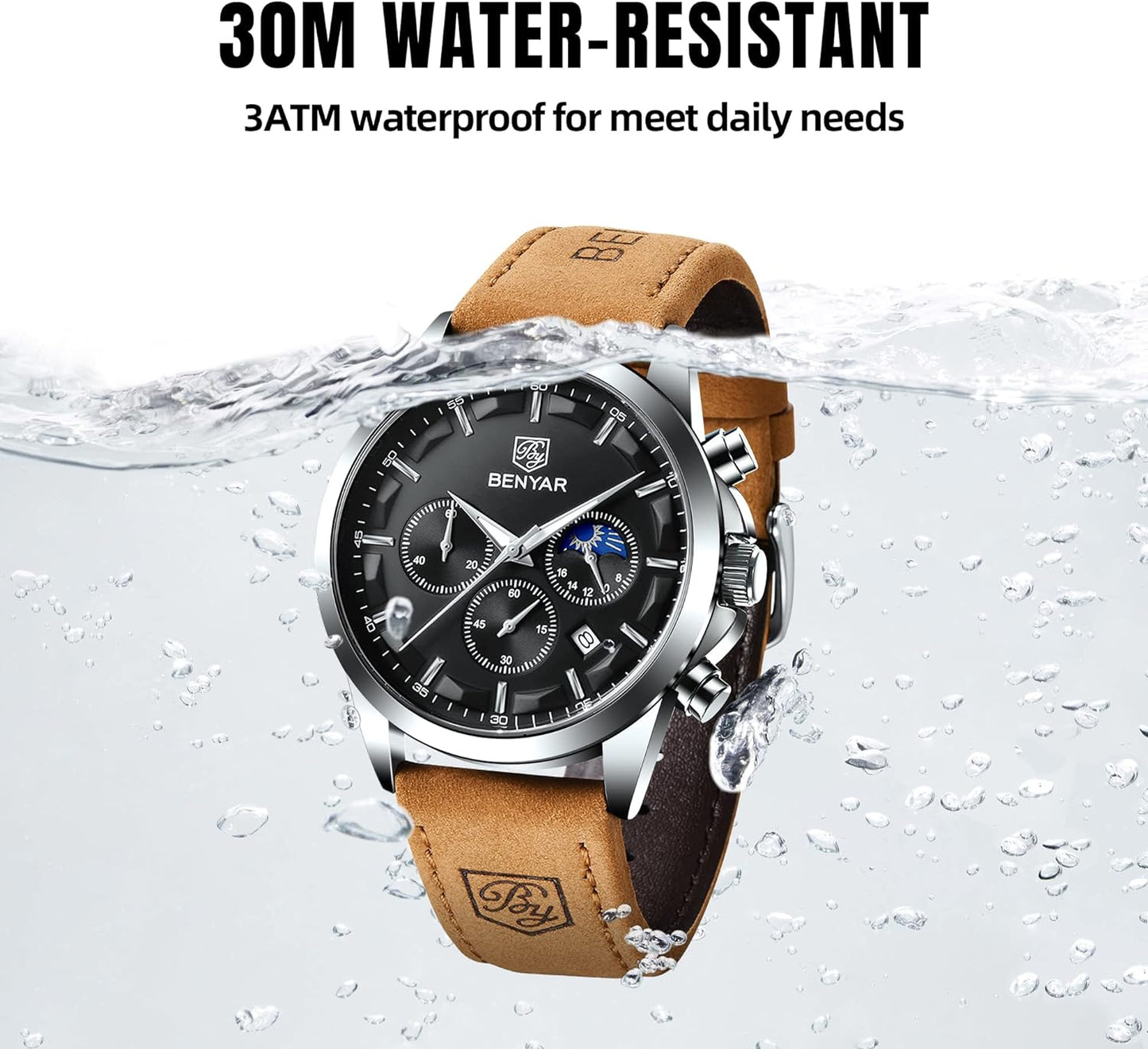 BY BENYAR Men's Watches Waterproof Sport Military Watch for Men Multifunction Chronograph Black Fashion Quartz Wristwatches Calendar with Leather Strap/Stainless Steel