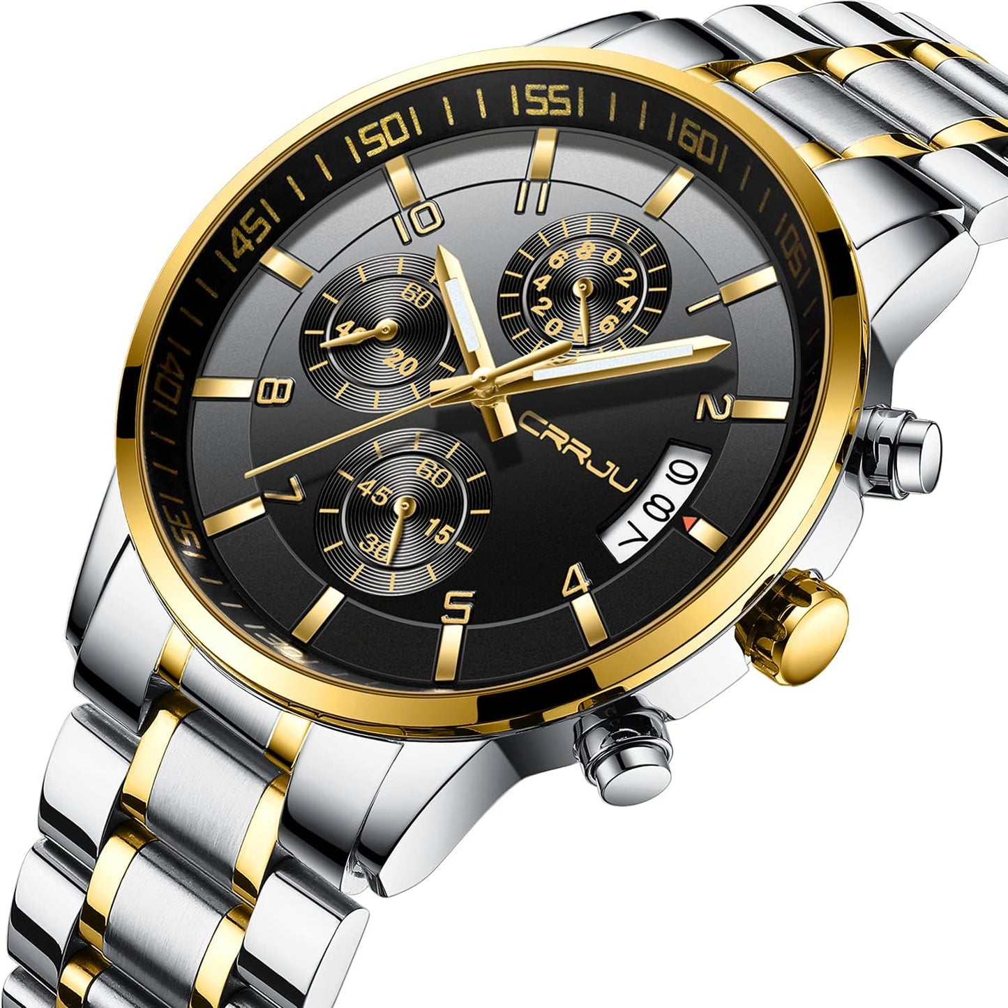 CRRJU Men's Fashion Stainless Steel Watches Date Waterproof Chronograph Wristwatches,Stainsteel Steel Band Waterproof Watch