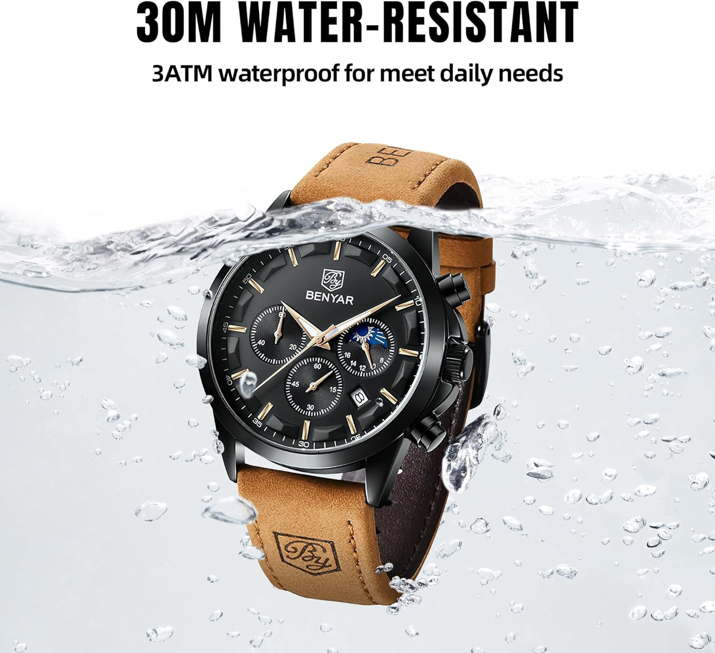 BY BENYAR Men's Watches Waterproof Sport Military Watch for Men Multifunction Chronograph Black Fashion Quartz Wristwatches Calendar with Leather Strap/Stainless Steel