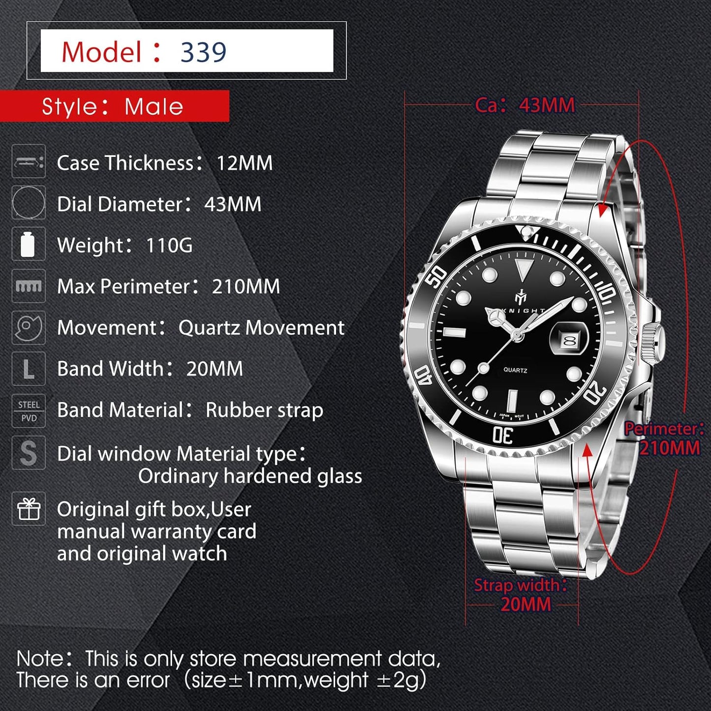 BY BENYAR AKNIGHT Watches for Men Quartz Movement Watch,Waterproof Luminous Men's Watch, Stainless Steel Strap Business Watches
