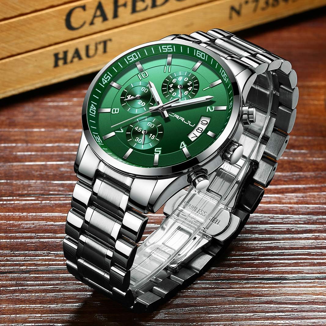 CRRJU Men's Fashion Stainless Steel Watches Date Waterproof Chronograph Wristwatches,Stainsteel Steel Band Waterproof Watch