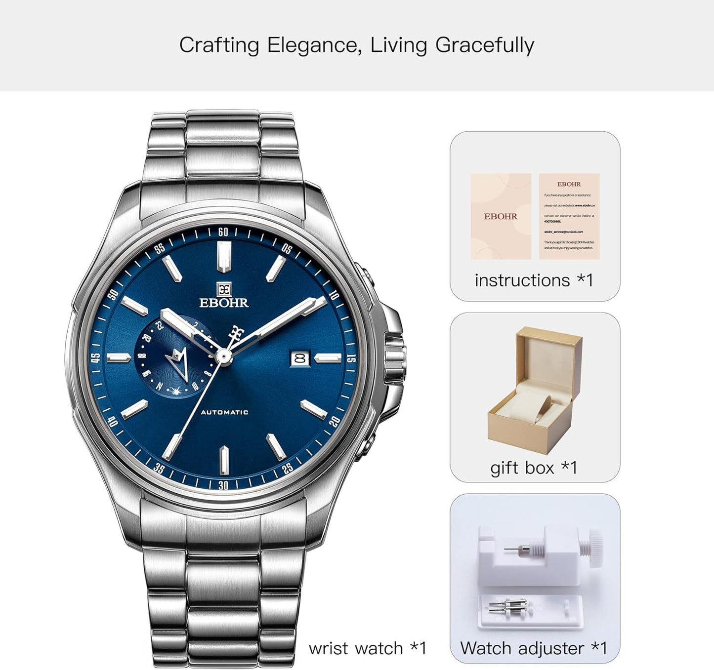 EBOHR Men's 21Jewel Mechanical Watch 316L Stainless Steel Wrist Watch Multifunctional Luminous Dial and Hand Easy to Read 43MM Business Classic Watch