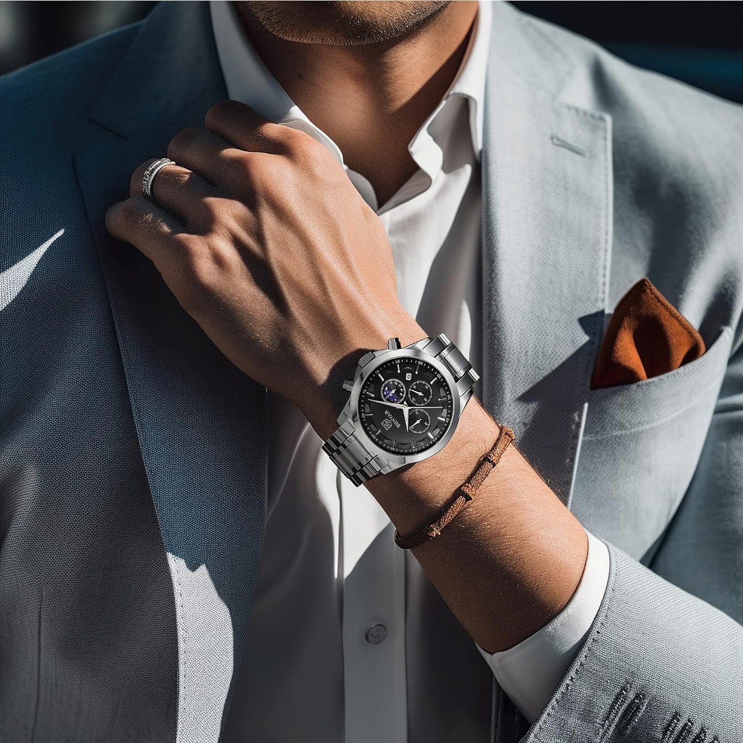 BY BENYAR Men's Watches Waterproof Sport Military Watch for Men Multifunction Chronograph Black Fashion Quartz Wristwatches Calendar with Leather Strap/Stainless Steel