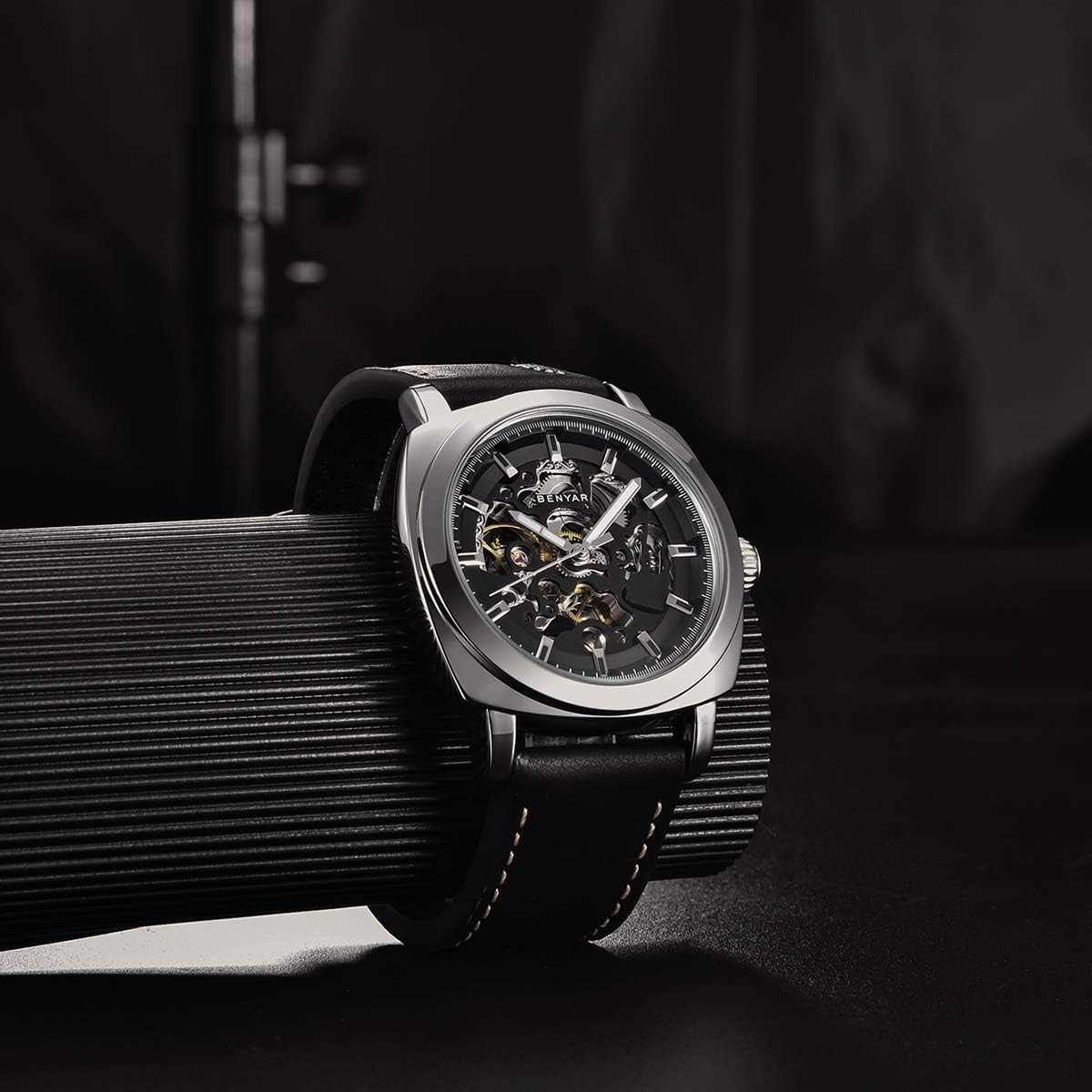 Benyar Automatic Watches for Men | Skeleton Mechanical Leather Strap Mens Watch | 45mm Dial | 30M Waterproof | Men's Stylish Gift