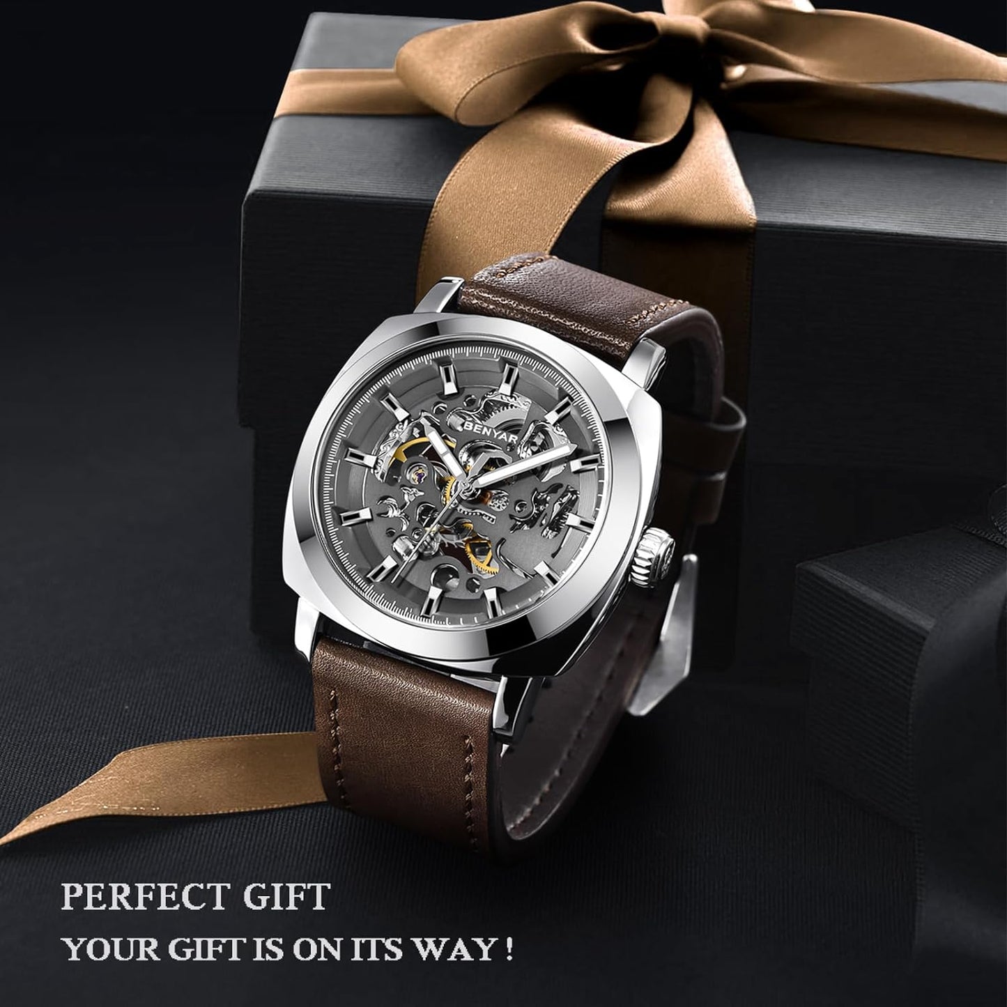 Benyar Automatic Watches for Men | Skeleton Mechanical Leather Strap Mens Watch | 45mm Dial | 30M Waterproof | Men's Stylish Gift