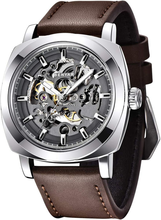 Benyar Automatic Watches for Men | Skeleton Mechanical Leather Strap Mens Watch | 45mm Dial | 30M Waterproof | Men's Stylish Gift