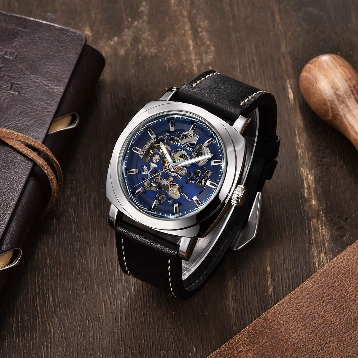 Benyar Automatic Watches for Men | Skeleton Mechanical Leather Strap Mens Watch | 45mm Dial | 30M Waterproof | Men's Stylish Gift