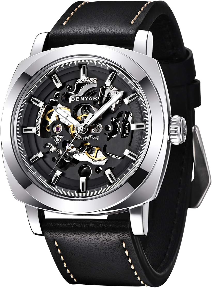 Benyar Automatic Watches for Men | Skeleton Mechanical Leather Strap Mens Watch | 45mm Dial | 30M Waterproof | Men's Stylish Gift