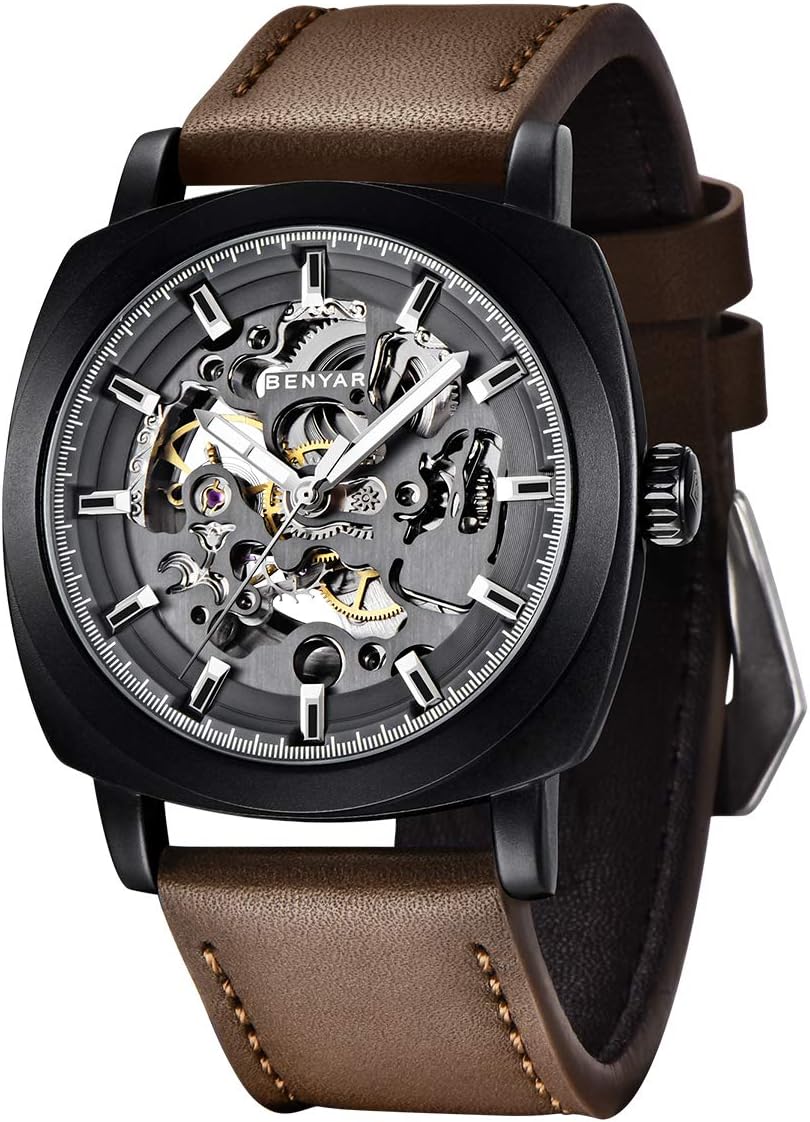 Benyar Automatic Watches for Men | Skeleton Mechanical Leather Strap Mens Watch | 45mm Dial | 30M Waterproof | Men's Stylish Gift