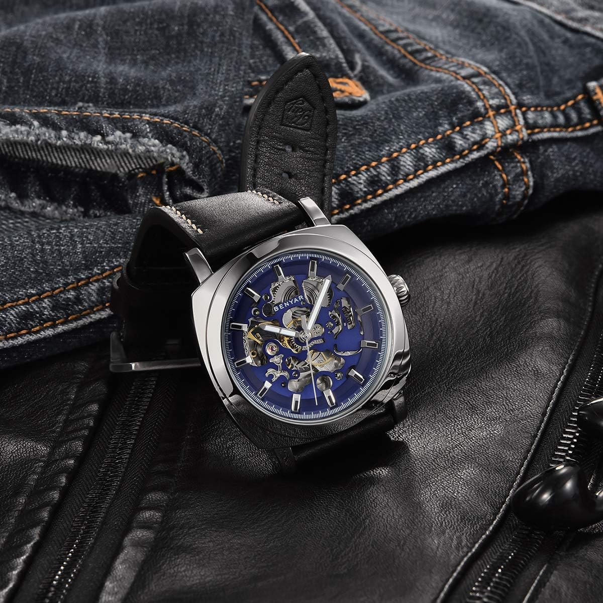 Benyar Automatic Watches for Men | Skeleton Mechanical Leather Strap Mens Watch | 45mm Dial | 30M Waterproof | Men's Stylish Gift
