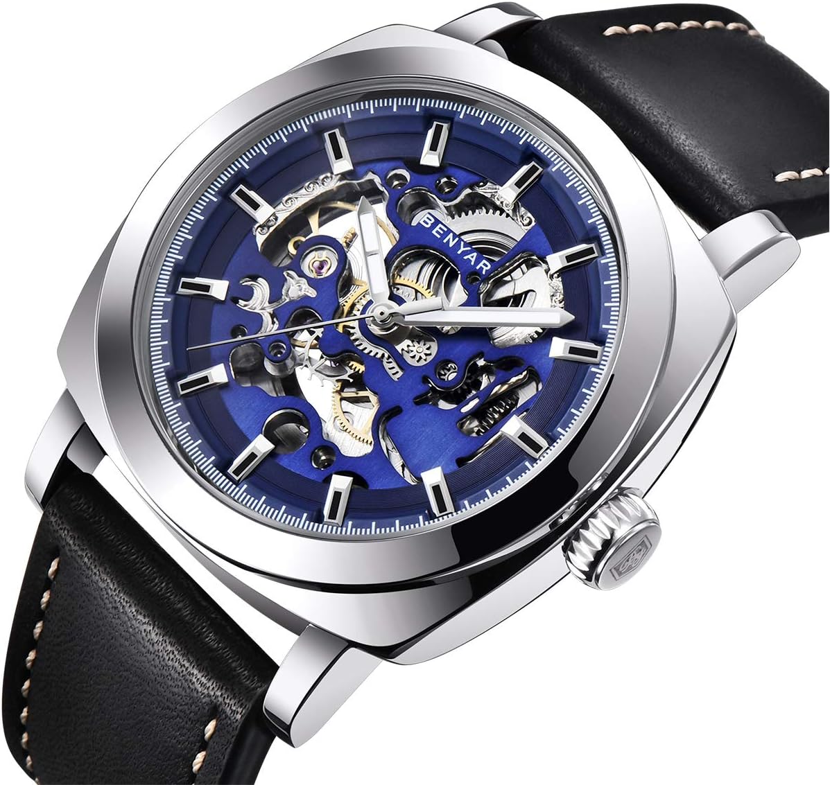 Benyar Automatic Watches for Men | Skeleton Mechanical Leather Strap Mens Watch | 45mm Dial | 30M Waterproof | Men's Stylish Gift