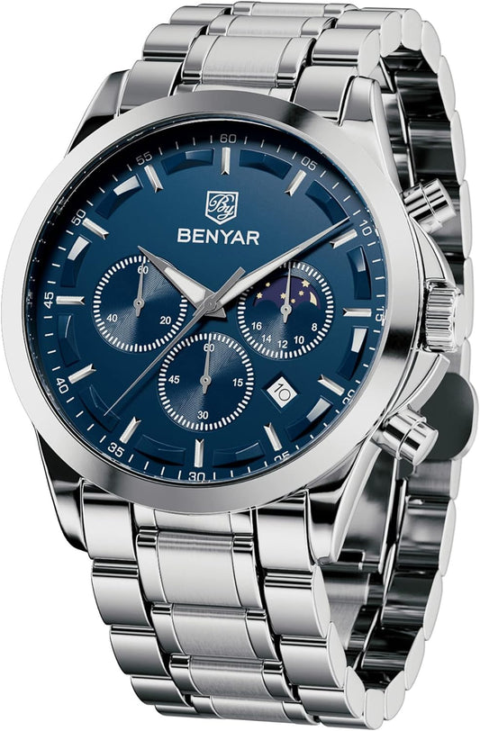 BY BENYAR Men's Watches Waterproof Sport Military Watch for Men Multifunction Chronograph Black Fashion Quartz Wristwatches Calendar with Leather Strap/Stainless Steel