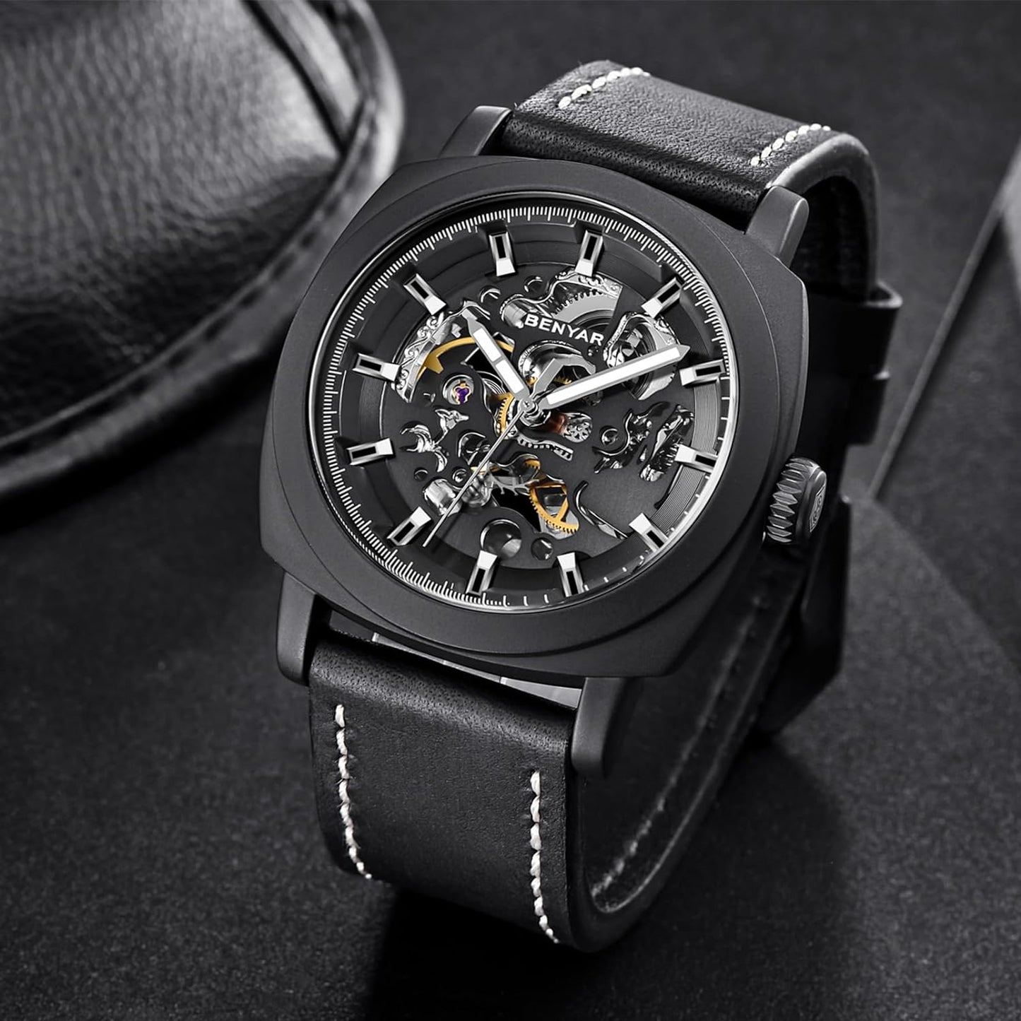 Benyar Automatic Watches for Men | Skeleton Mechanical Leather Strap Mens Watch | 45mm Dial | 30M Waterproof | Men's Stylish Gift