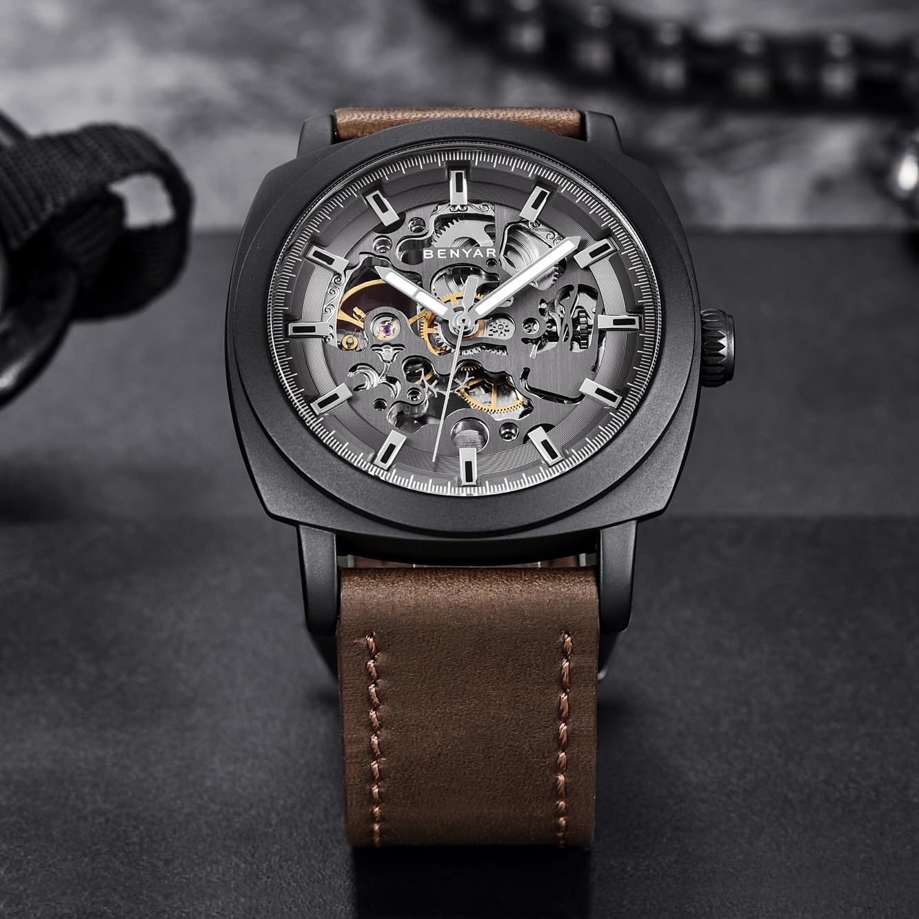 Benyar Automatic Watches for Men | Skeleton Mechanical Leather Strap Mens Watch | 45mm Dial | 30M Waterproof | Men's Stylish Gift