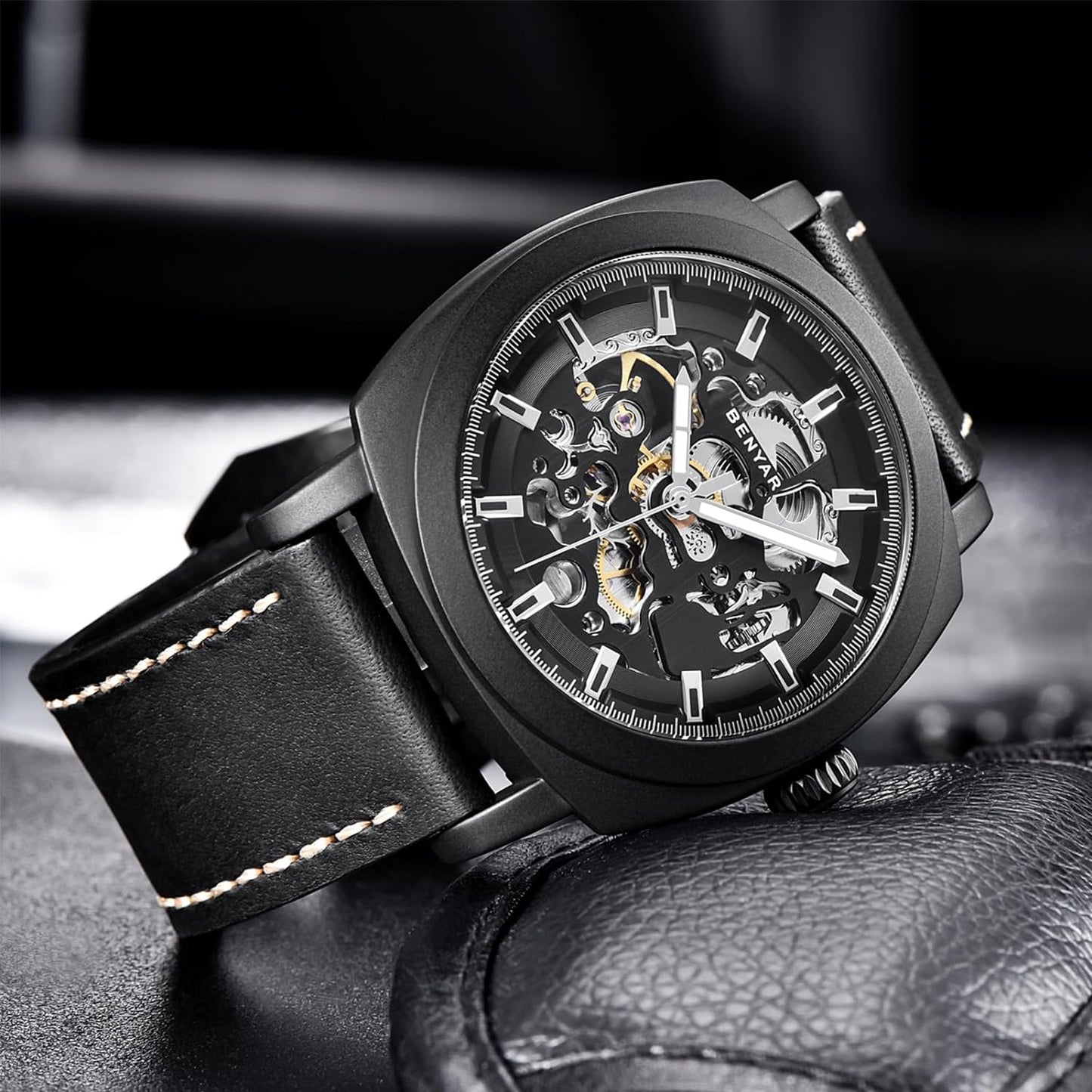 Benyar Automatic Watches for Men | Skeleton Mechanical Leather Strap Mens Watch | 45mm Dial | 30M Waterproof | Men's Stylish Gift