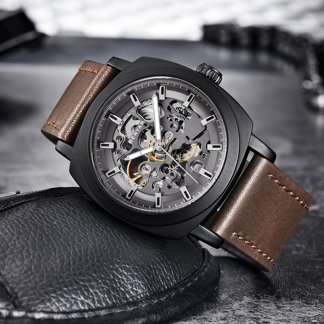 Benyar Automatic Watches for Men | Skeleton Mechanical Leather Strap Mens Watch | 45mm Dial | 30M Waterproof | Men's Stylish Gift