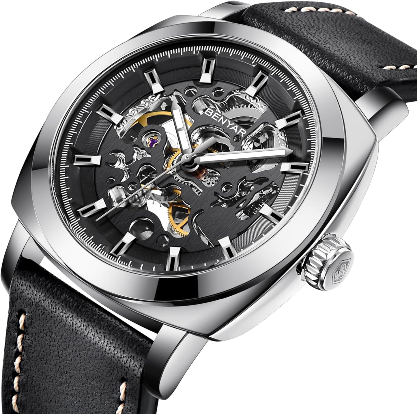 Benyar Automatic Watches for Men | Skeleton Mechanical Leather Strap Mens Watch | 45mm Dial | 30M Waterproof | Men's Stylish Gift
