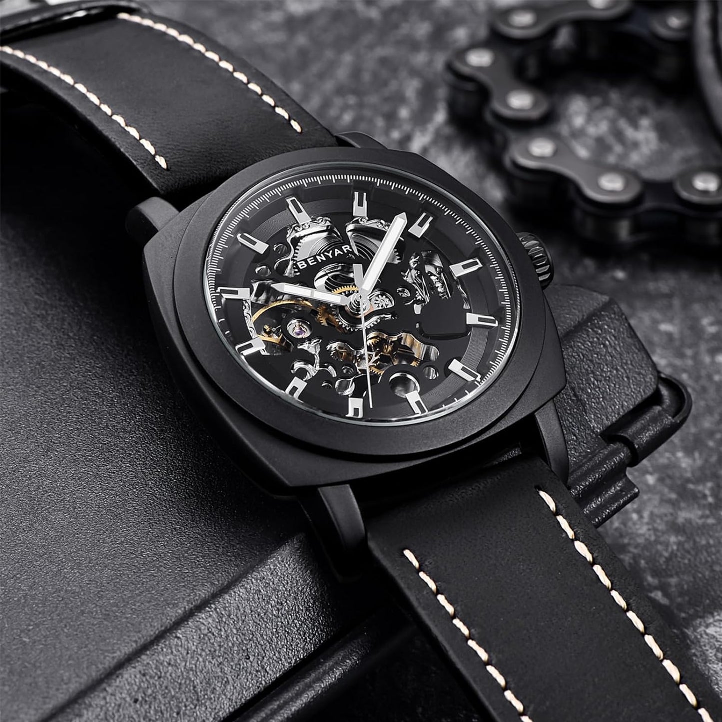 Benyar Automatic Watches for Men | Skeleton Mechanical Leather Strap Mens Watch | 45mm Dial | 30M Waterproof | Men's Stylish Gift